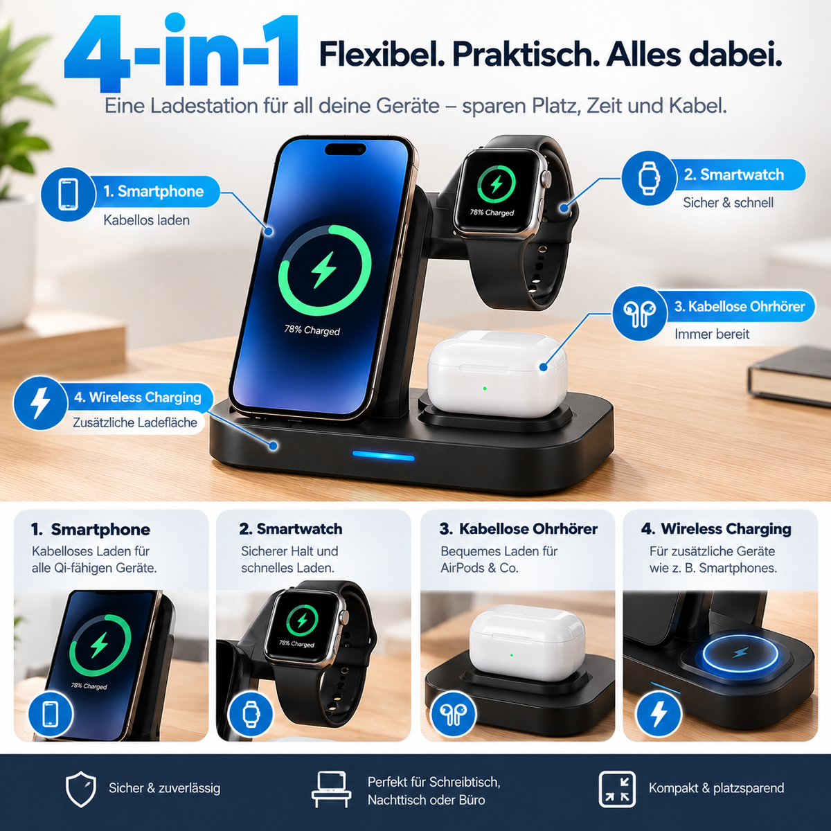 4-in-1 Ladestation – Alles an einem Platz